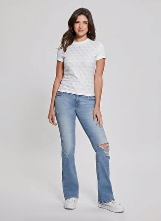 Guess Dik Yaka Desenli Beyaz Kadın T-Shirt SS MOCK NECK ALL OVE - MID ORGANIC
