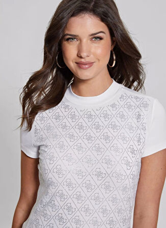 Guess Dik Yaka Desenli Beyaz Kadın T-Shirt SS MOCK NECK ALL OVE - MID ORGANIC