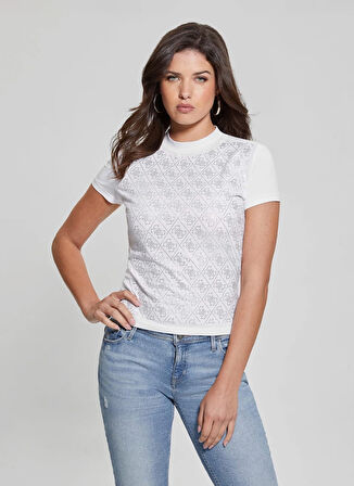 Guess Dik Yaka Desenli Beyaz Kadın T-Shirt SS MOCK NECK ALL OVE - MID ORGANIC