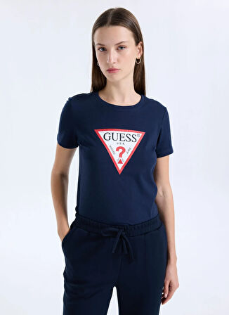 Guess Yuvarlak Yaka Baskılı Mavi Kadın T-Shirt Original Kadın Slim Fit T-Shirt