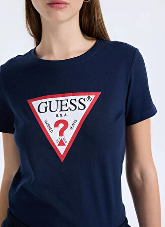 Guess Yuvarlak Yaka Baskılı Mavi Kadın T-Shirt Original Kadın Slim Fit T-Shirt