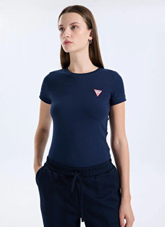 Guess Yuvarlak Yaka Baskılı Mavi Kadın T-Shirt Mini Triangle Kadın Slim Fit T-Shir