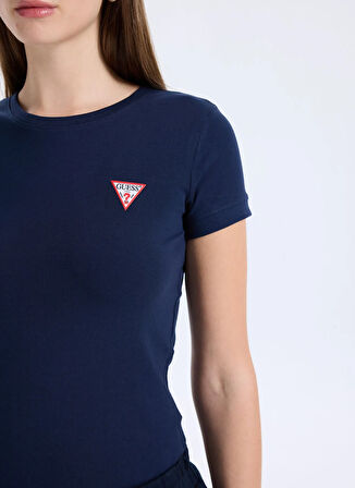 Guess Yuvarlak Yaka Baskılı Mavi Kadın T-Shirt Mini Triangle Kadın Slim Fit T-Shir