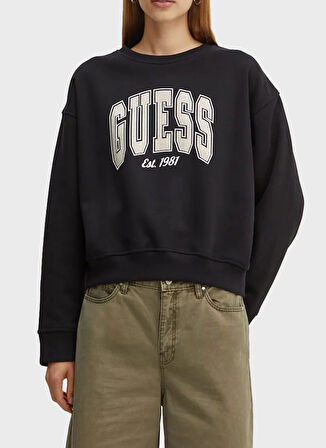Guess Bisiklet Yaka Desenli Siyah Kadın Sweatshırt CN COLLEGE SWEATSHIR - ORG CO DIAGO