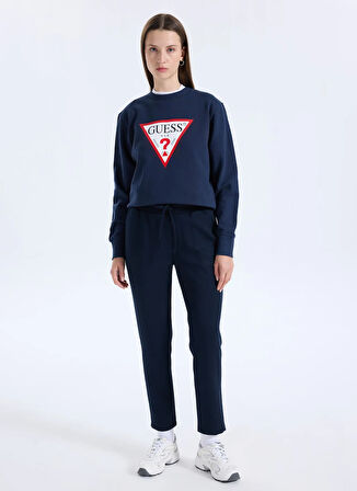 Guess Yuvarlak Yaka Baskılı Mavi Kadın Sweatshırt Original Fleece Kadın Sweatshirt