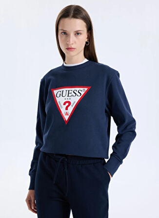Guess Yuvarlak Yaka Baskılı Mavi Kadın Sweatshırt Original Fleece Kadın Sweatshirt
