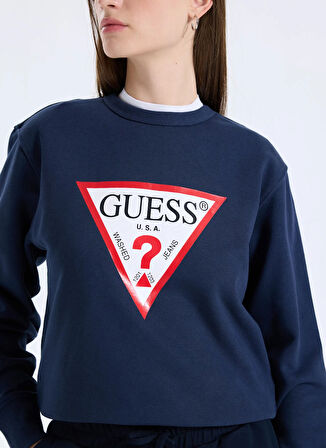 Guess Yuvarlak Yaka Baskılı Mavi Kadın Sweatshırt Original Fleece Kadın Sweatshirt