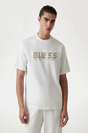 Guess Erkek Beyaz Logolu Nakış İşlemeli T-Shirt