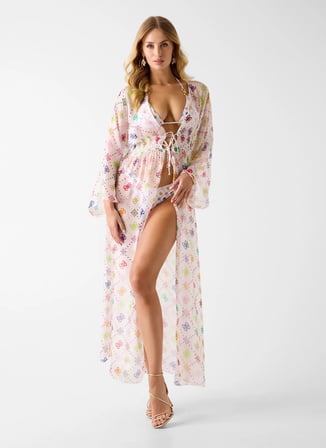 Guess Beyaz Kadın V Yaka Bol Kesim Desenli Kimono E6GK08WE550-PMKZ