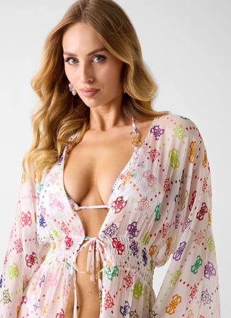 Guess Beyaz Kadın V Yaka Bol Kesim Desenli Kimono E6GK08WE550-PMKZ