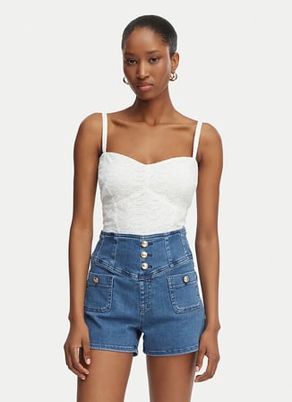 Guess Beyaz Kadın Kalp Yaka Comfort Fit Nakışlı Gömlek W6GH47W1880-G011