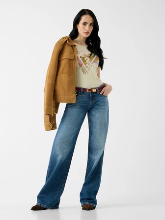 Guess Kısa Kollu Bisiklet Yaka Palmiye Desenli Üçgen Kadın Krem T-shirt W6YI26K4345-G1M5