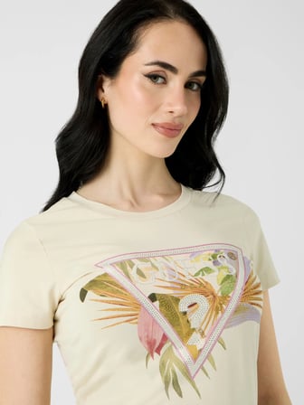 Guess Kısa Kollu Bisiklet Yaka Palmiye Desenli Üçgen Kadın Krem T-shirt W6YI26K4345-G1M5