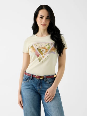 Guess Kısa Kollu Bisiklet Yaka Palmiye Desenli Üçgen Kadın Krem T-shirt W6YI26K4345-G1M5