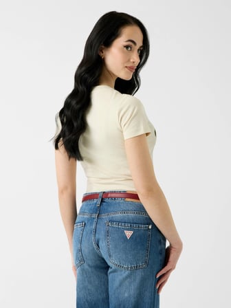 Guess Kısa Kollu Bisiklet Yaka Palmiye Desenli Üçgen Kadın Krem T-shirt W6YI26K4345-G1M5