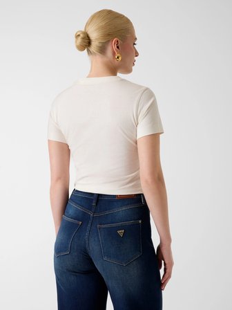 Guess Kısa Kollu Bisiklet Yaka Yılan Desenli Yazılı Yapay Elmaslı Kadın Beyaz T-shirt W6YI30K4349-G012