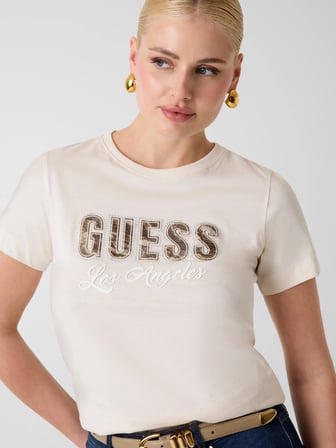 Guess Kısa Kollu Bisiklet Yaka Yılan Desenli Yazılı Yapay Elmaslı Kadın Beyaz T-shirt W6YI30K4349-G012