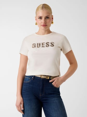 Guess Kısa Kollu Bisiklet Yaka Yılan Desenli Yazılı Yapay Elmaslı Kadın Beyaz T-shirt W6YI30K4349-G012