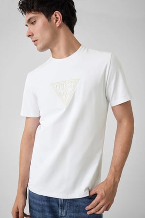 Guess Bisiklet Yaka Kısa Kollu Orta Üçgen HD Baskılı Erkek Beyaz T-shirt M6YI40K4226-G011