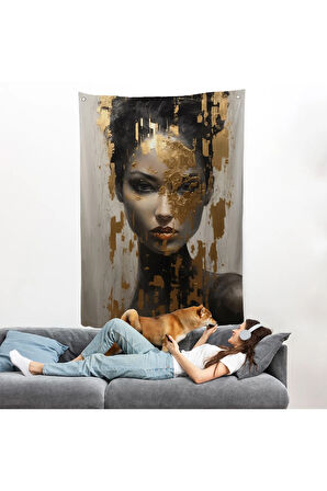 Altın Detaylı Güzel Kadın Duvar Örtüsü-7625