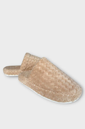 Kadın Zikzak Desen İçi Kürklü Kaymaz Taban Ev Terliği BEJ