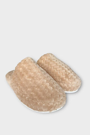 Kadın Zikzak Desen İçi Kürklü Kaymaz Taban Ev Terliği BEJ