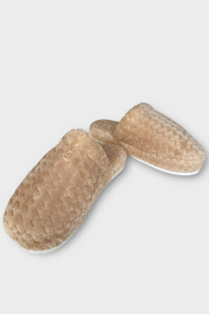 Kadın Zikzak Desen İçi Kürklü Kaymaz Taban Ev Terliği BEJ