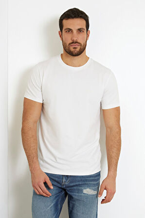 Erkek Guess Nakış İşleme Logolu T-Shirt - Beyaz | M