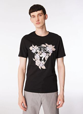 Guess Bisiklet Yaka Baskılı Siyah Erkek T-Shirt M4GI11I3Z14JBLK_SS CN FLOWERS TRIAN