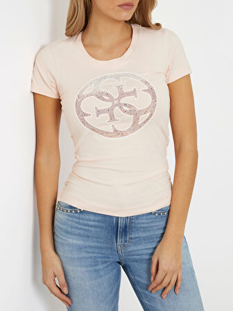 Kadın Önü Taşlı Logolu T-Shirt-Pembe | L