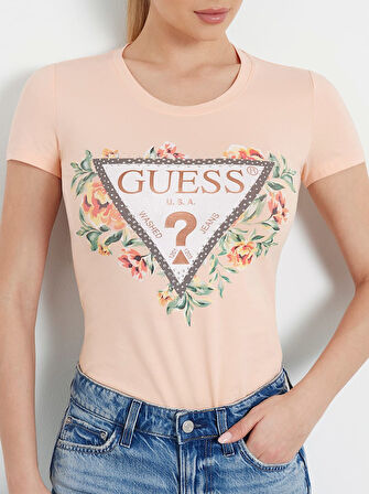 Kadın Çiçek Logolu Streç T-Shirt - Şeftali | S