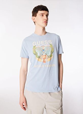 Guess Bisiklet Yaka Baskılı Mavi Erkek T-Shirt M4GI60K9RM1FB3H_SS BSC WORLD FAMOUS