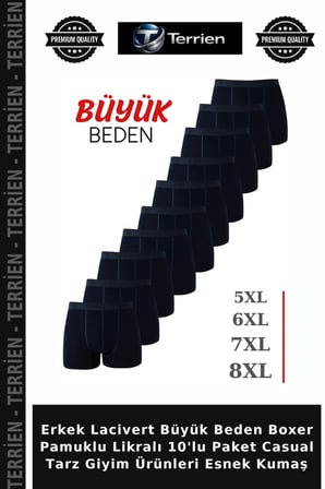 Erkek Lacivert Büyük Beden Boxer Pamuklu Likralı 10'lu Paket Casual Tarz Giyim Ürünleri Esnek Kumaş