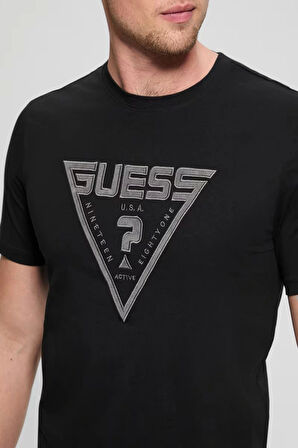 Guess Erkek Siyah Logolu Nakış İşlemeli T-Shirt