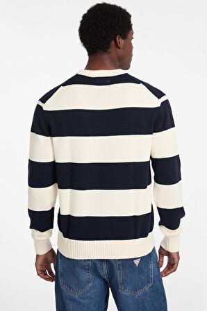 Erkek Triko Çizgili Bisiklet Yaka Kazak - Lacivert/Ekru | S