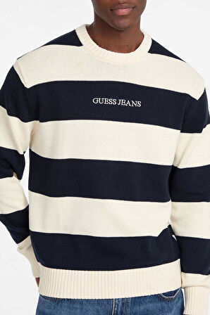 Erkek Triko Çizgili Bisiklet Yaka Kazak - Lacivert/Ekru | S