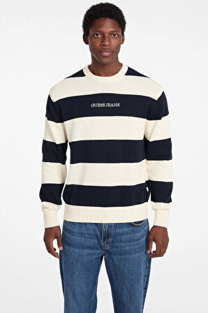 Erkek Triko Çizgili Bisiklet Yaka Kazak - Lacivert/Ekru | L