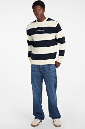 Erkek Triko Çizgili Bisiklet Yaka Kazak - Lacivert/Ekru | L