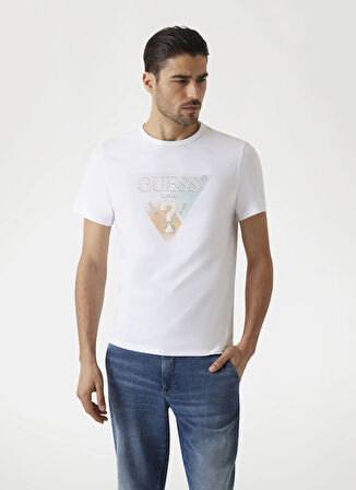 Guess Bisiklet Yaka Desenli Beyaz Erkek T-Shirt M5RI14J1314G011 SS CN GUESS TRI ST