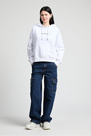 Kadın Oversize Kapüşonlu Nakış Logolu Sweatshirt - Beyaz | S