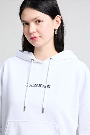 Kadın Oversize Kapüşonlu Nakış Logolu Sweatshirt - Beyaz | S