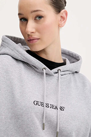 Kadın Kapüşonlu Nakış Logolu Oversize Sweatshirt - Gri | S