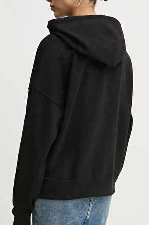 Kadın Kapüşonlu Nakış Logolu Oversize Sweatshirt - Siyah | L