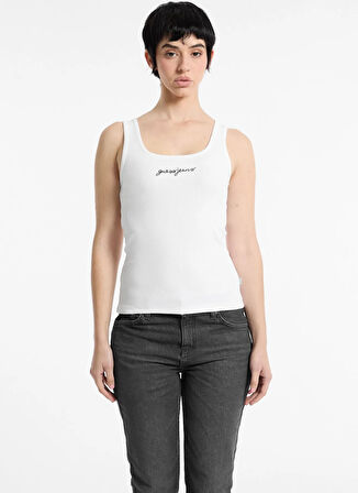 Guess Jeans Yuvarlak Yaka Düz Beyaz Kadın Bluz GJ TANK TOP SLIM RIB - ORG CO GUNN