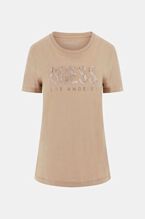 Guess Kadın Bej Desenli T-Shirt