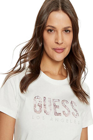 Guess Kadın Beyaz Desenli T-Shirt