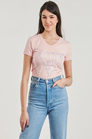 Guess Kadın Pembe Desenli T-Shirt