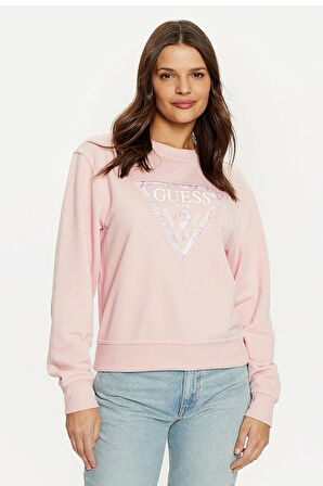 Guess Kadın Pembe Logolu Polarlı Sweatshirt