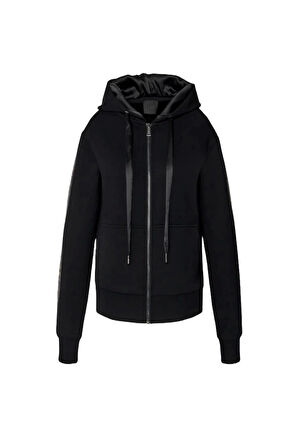 Guess Kadın Siyah Kapüşonlu Scuba Taşlı Fermuarlı Sweatshirt