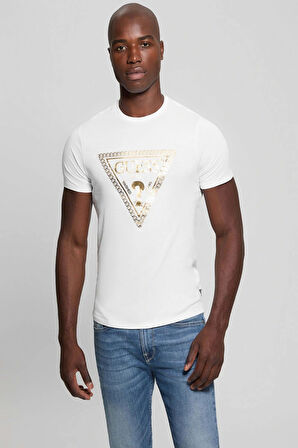 Guess Erkek Beyaz Üçgen Logolu T-Shirt
